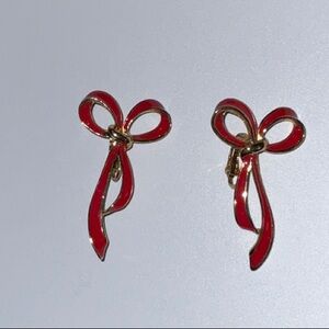 Unsigned Red Enamel and Gold-Tone Metal Clip On Bow Earrings